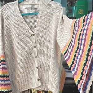 Cream Button-Up Sweater with Multicolor Sleeves